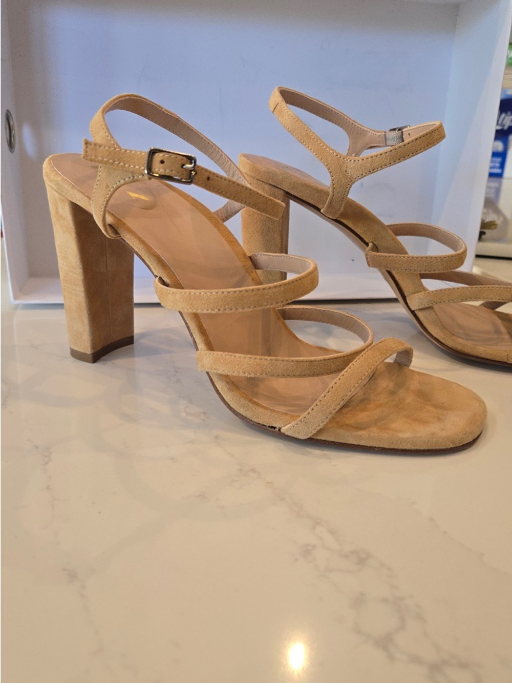 Inez Sasha Suede Leather Strappy Block Heel Sandals in Camel Suede